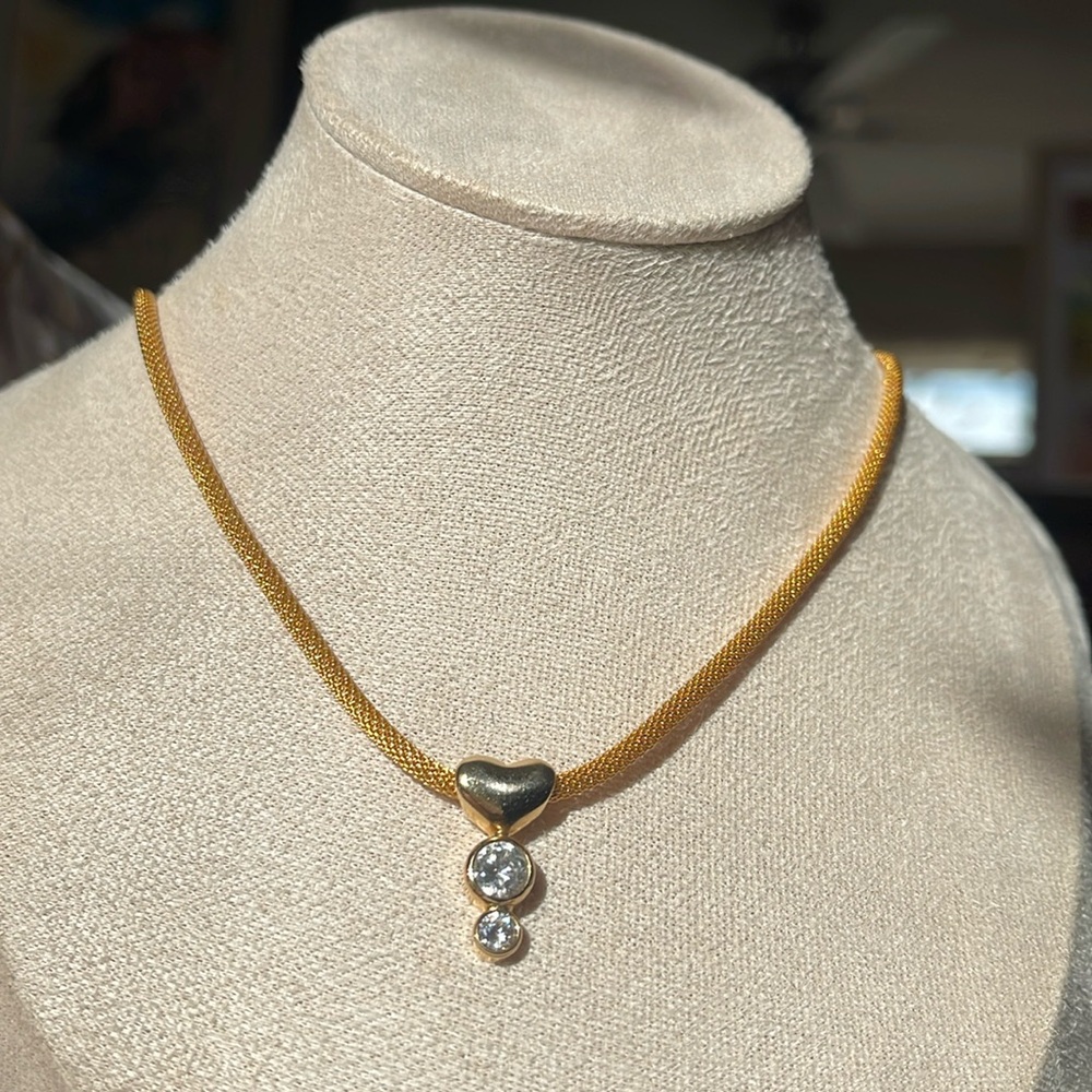 SOLD. Crystal Heart Gold Tone Mesh Necklace 18”
